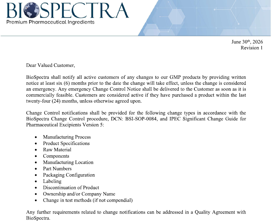 Change Control Declaration